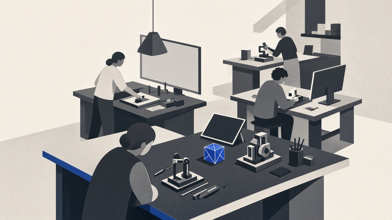 Stylised illustration of employees assembling their own tools at workshop benches