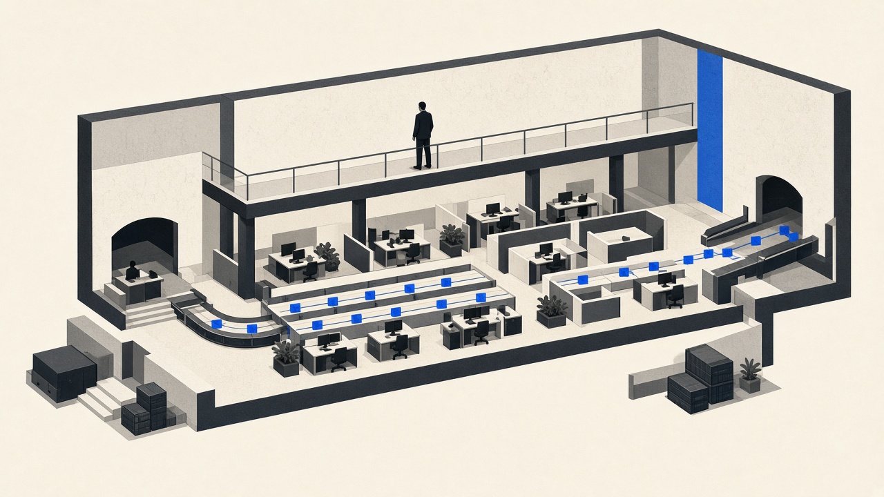 Stylised illustration of a factory-floor view of live organisational work