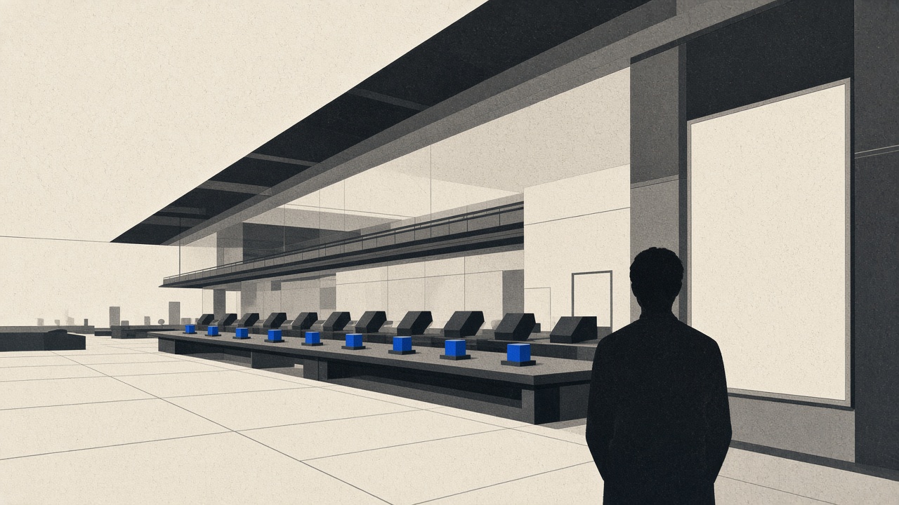 Stylised illustration of autonomous agents working a software production floor while a person reviews completed work