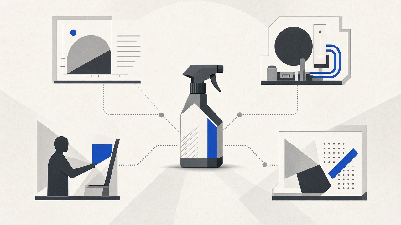 Stylised illustration of four agent stations preparing a single product decision