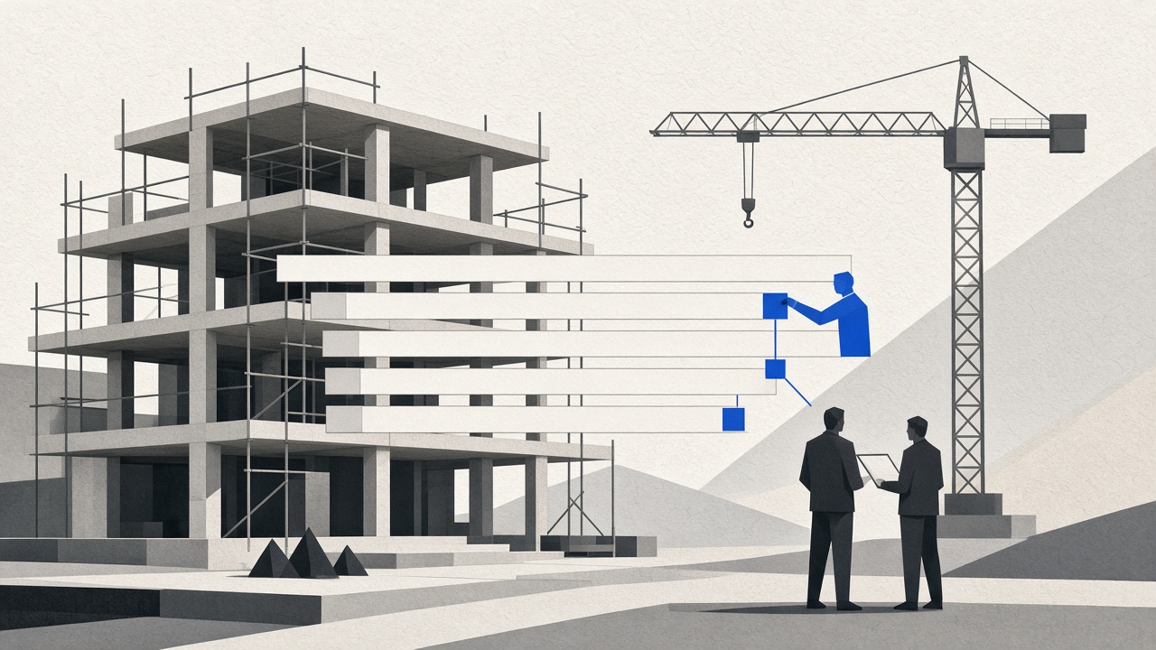 Stylised illustration of a construction structure overlaid with a roadmap being improved