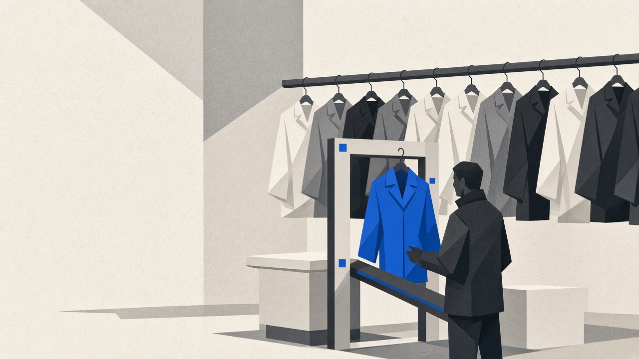 Stylised illustration of garments on a rail, with a high-value item held at a risk gate