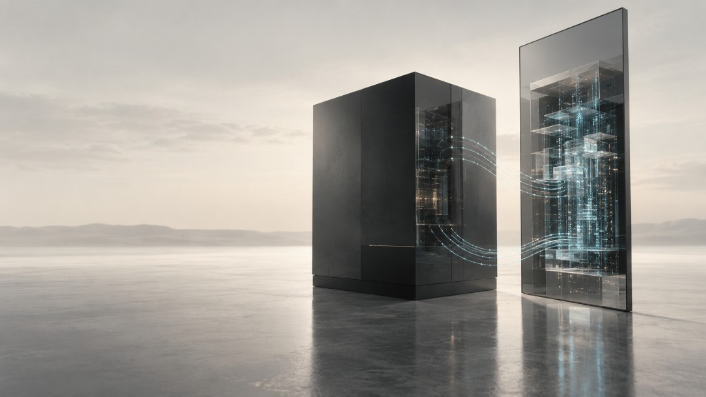 A sealed product volume on a salt-flat horizon, with a glass panel beside it exposing layered internals and streams of light passing between them.
